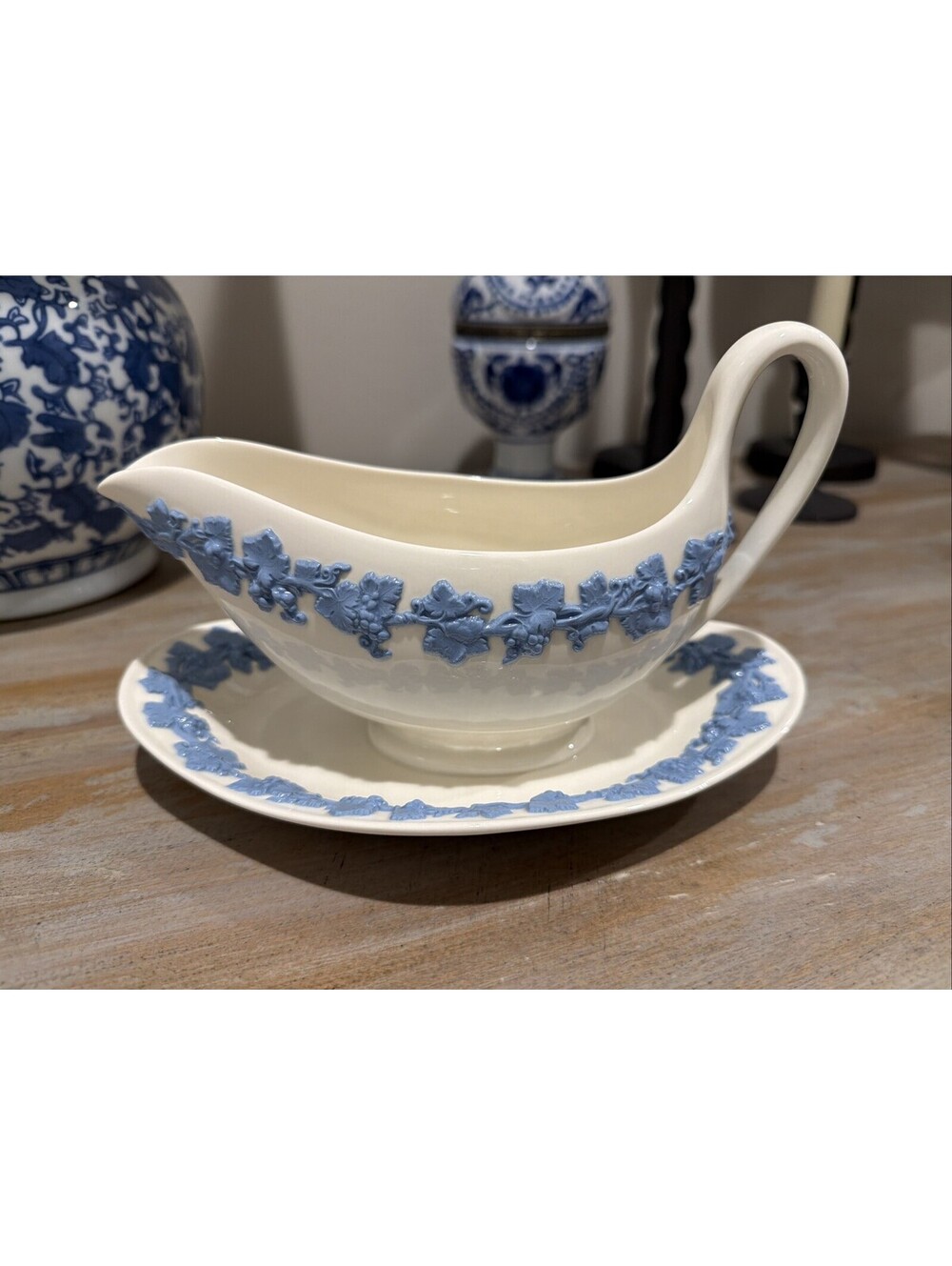 Vintage Wedgwood Queensware Blue on Cream Gravy Sauce Boat & Attached Underplate